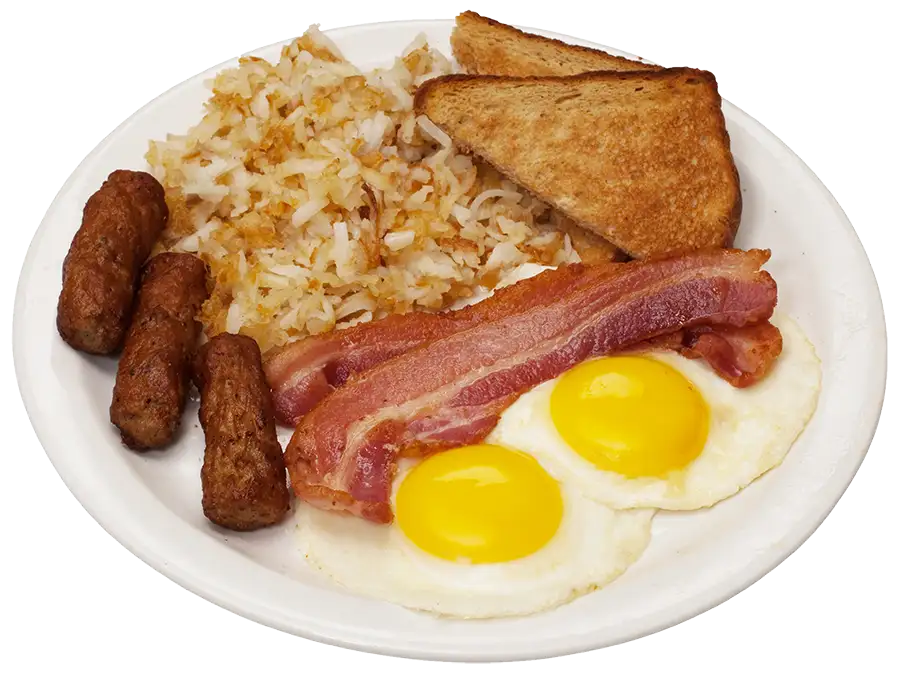 Isolated plate of breakfast with fried eggs, sausage links, bacon, hashbrowns, and wheat toast all served at the Sunrise Cafe in Decatur, IL